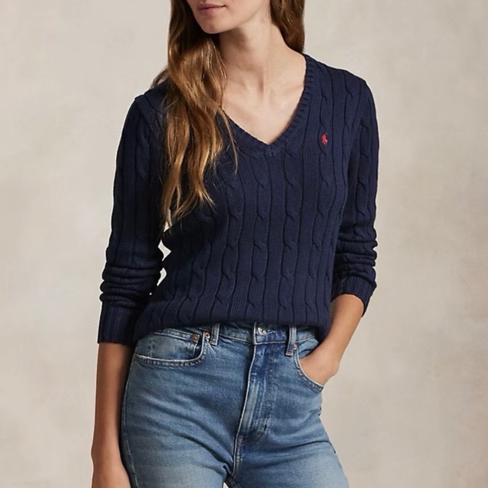 Polo Ralph Lauren Navy Blue Pima Cotton Cable Knit V-Neck Sweater L Preppy